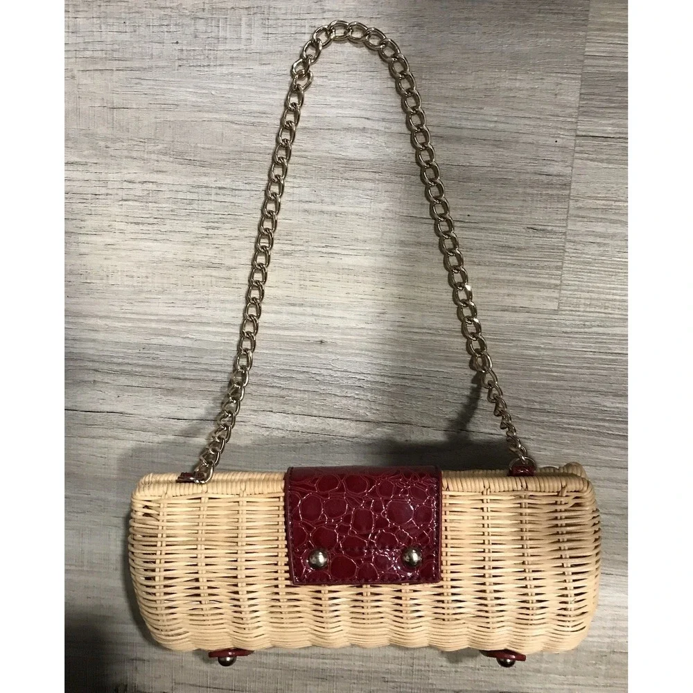 Vintage Straw Woven Handbag Red Leather Accents with Gold Chain